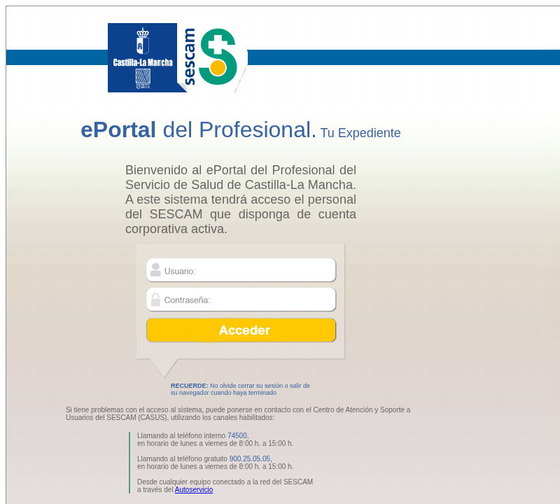 Captura de pantalla del ePortal del Profesional del Sescam