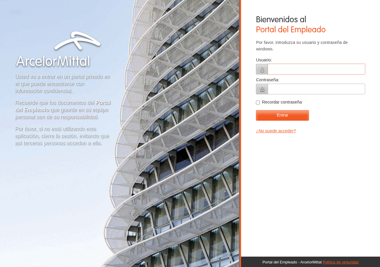 Captura de pantalla del formulario de acceso al Portal del Empleado de ArcelorMittal
