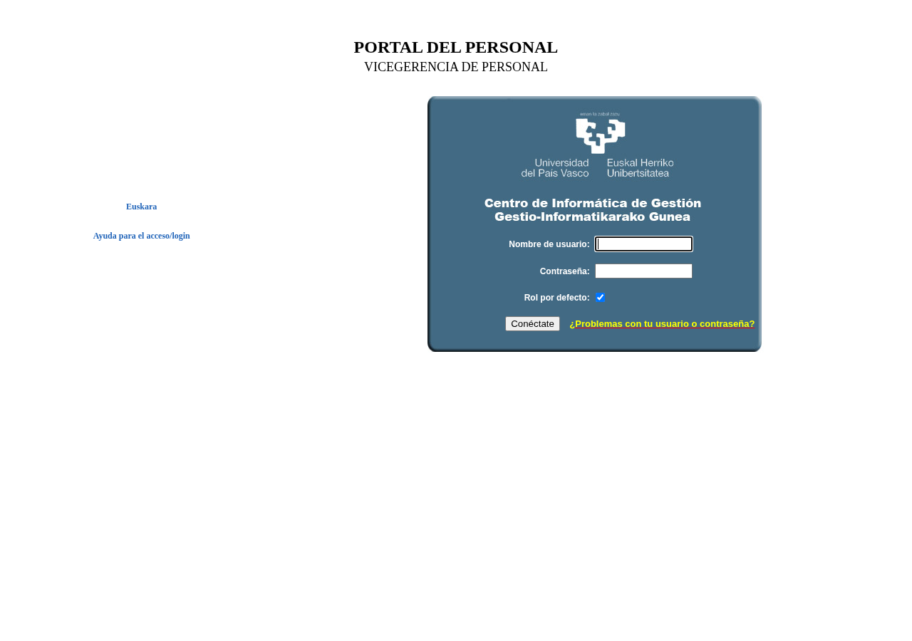 Captura de pantalla del formulario de acceso al Portal del Empleado de EHU (Euskal Herriko Unibertsitatea)