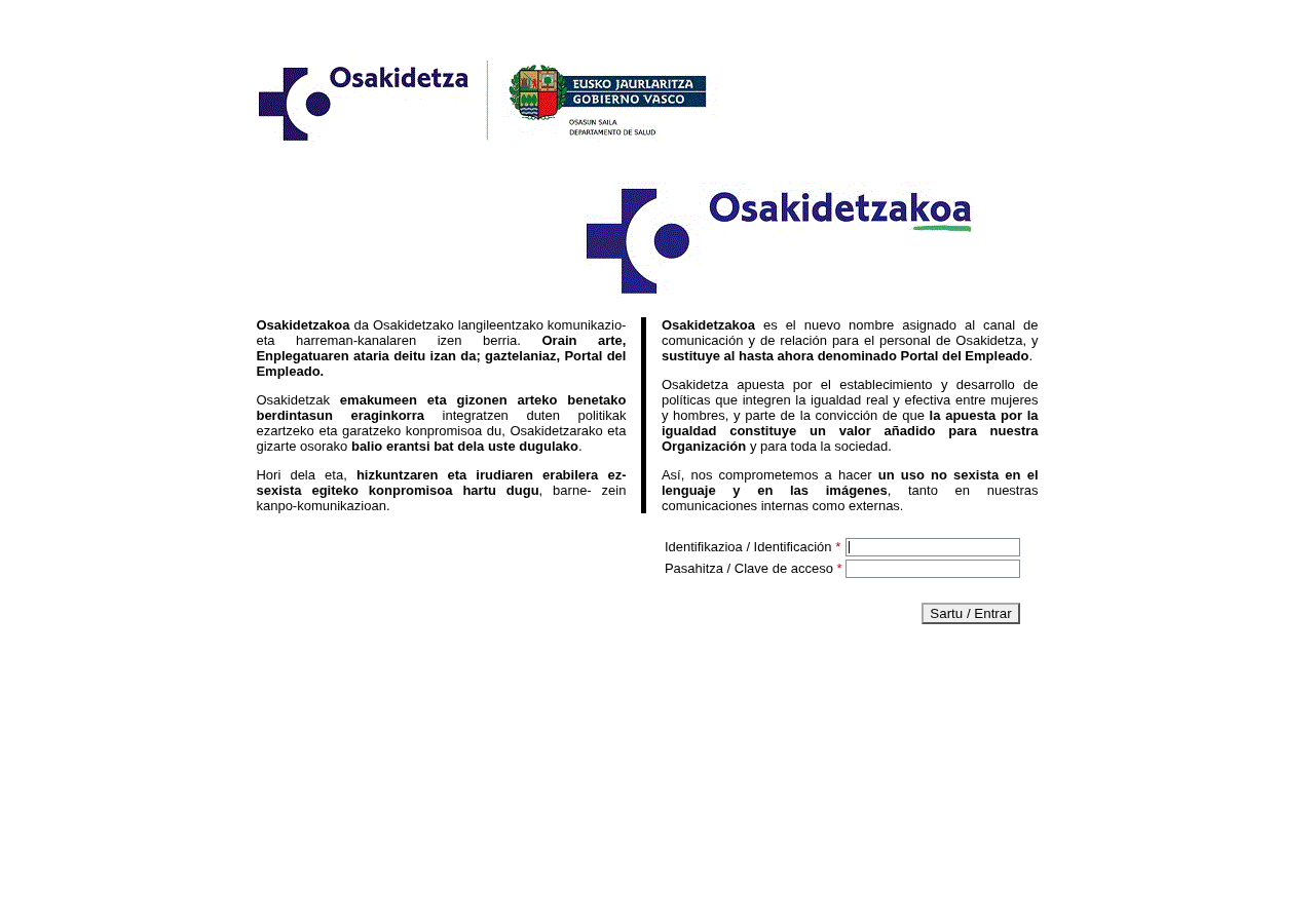 Captura de pantalla del formulario de acceso al Portal del Empleado de Osakidetza