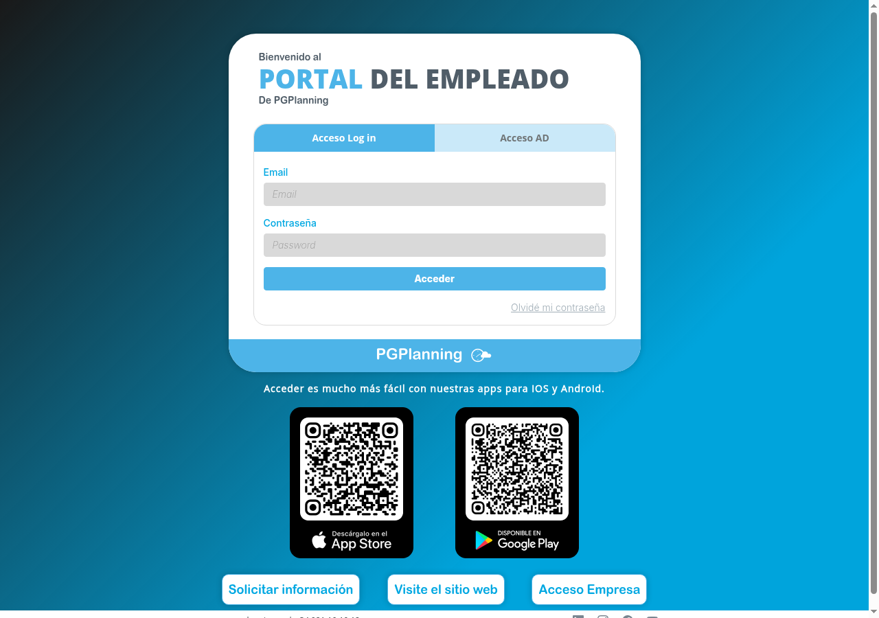 Captura de pantalla del formulario de acceso al Portal del Empleado de PGPlanning